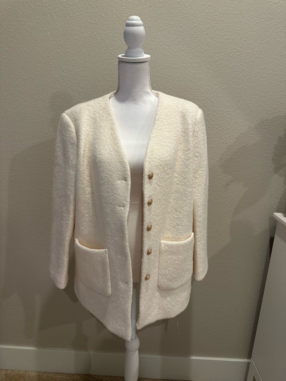 Chicwish Cream Bouclé Open-Front Jacket with Gold Buttons